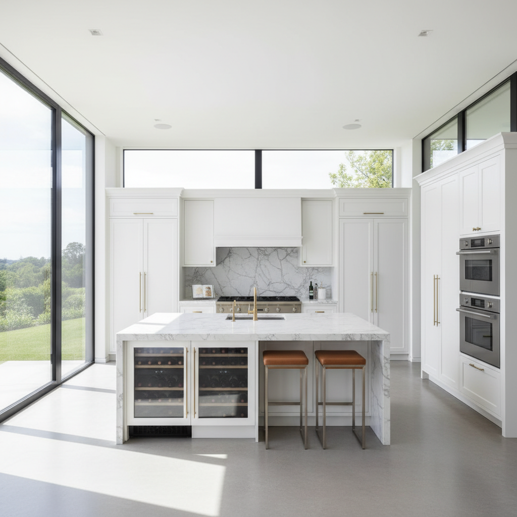 Luxury kitchen with built-in refrigerator and professional range